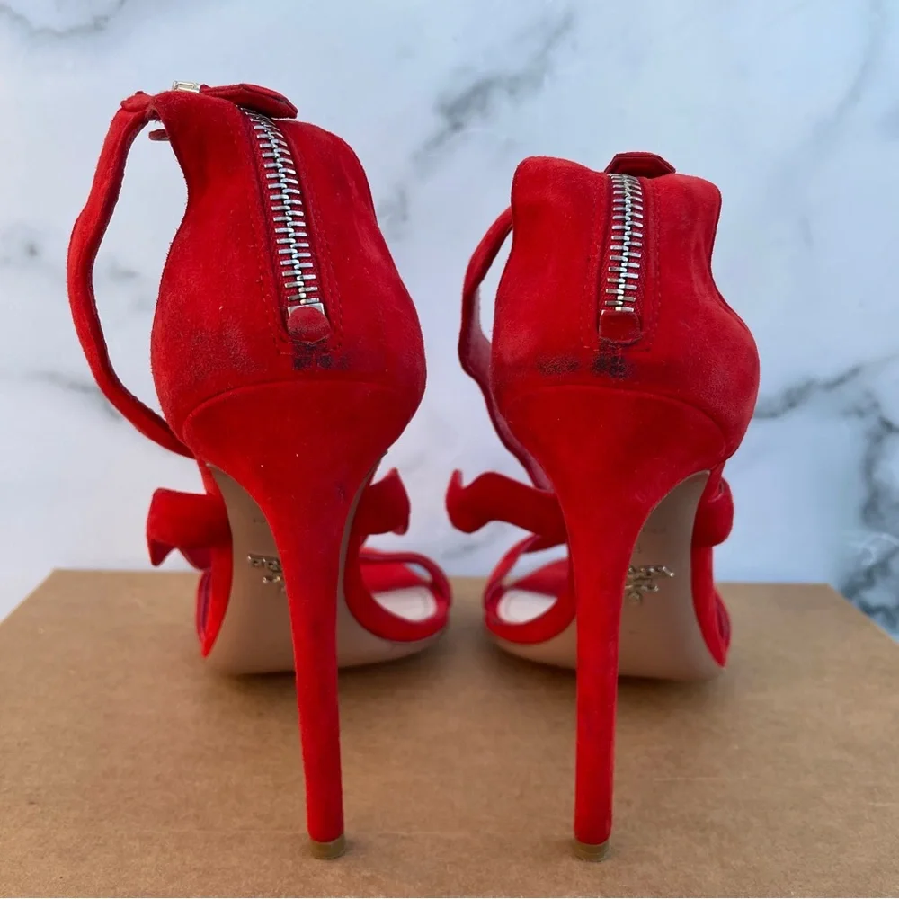 Prada Red Suede Wavy-Strap Stiletto Sandals